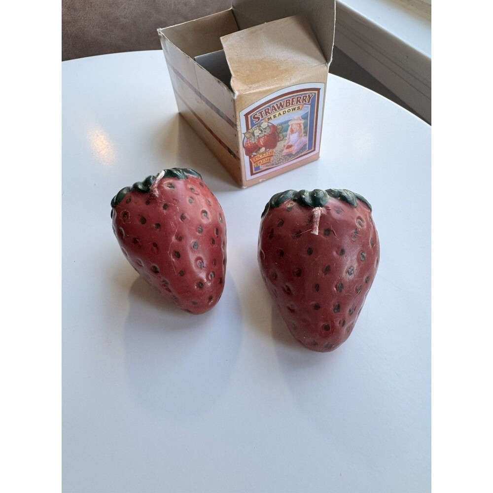Strawberry Meadows Strawberry Shaped Wax Candles Set of 2 Red Green Fruit Theme